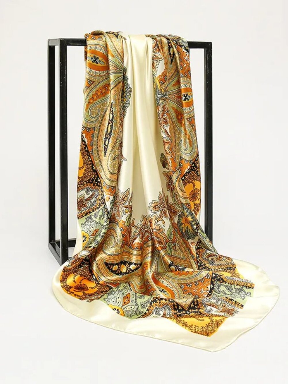 2/$30 NWT Silky Paisley Square Scarf Satin Gold & Cream Boho Shawl